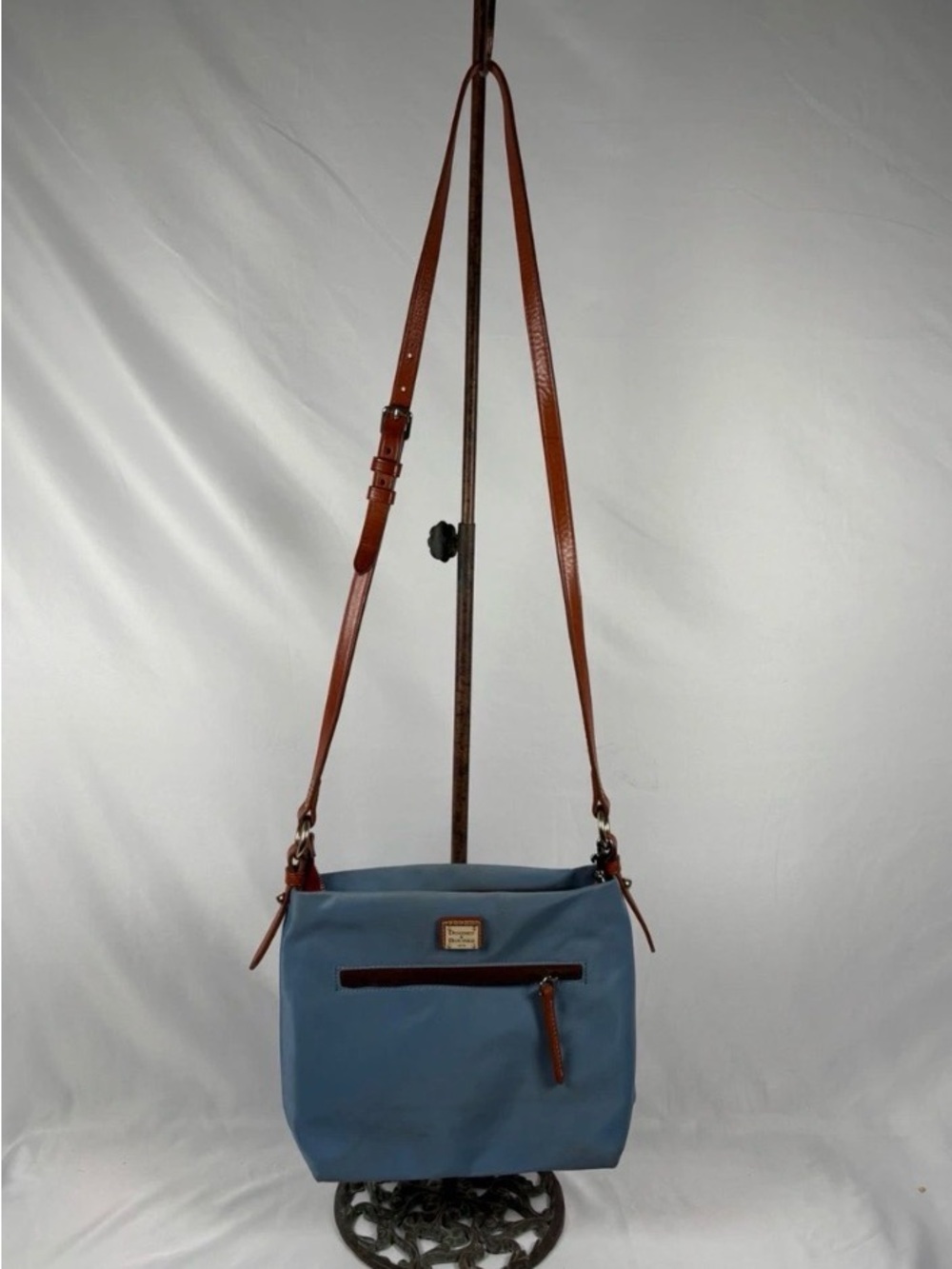 Dooney & Bourke Slate Blue Nylon Crossbody with Brown Leather Strap